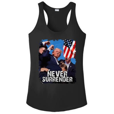 Never Surrender Trump Rushed Offstage With Blood Shooting Ladies PosiCharge Competitor Racerback Tank