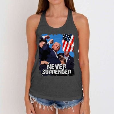 Never Surrender Trump Rushed Offstage With Blood Shooting Women's Knotted Racerback Tank