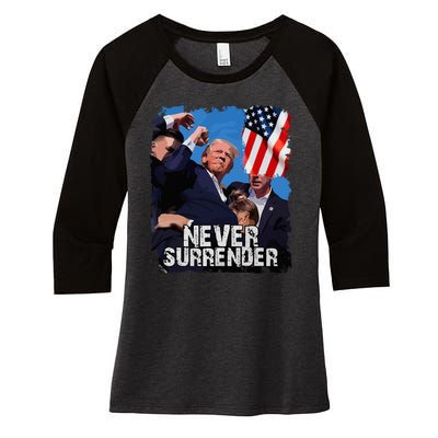 Never Surrender Trump Rushed Offstage With Blood Shooting Women's Tri-Blend 3/4-Sleeve Raglan Shirt