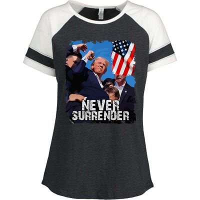 Never Surrender Trump Rushed Offstage With Blood Shooting Enza Ladies Jersey Colorblock Tee