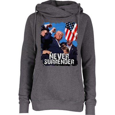 Never Surrender Trump Rushed Offstage With Blood Shooting Womens Funnel Neck Pullover Hood