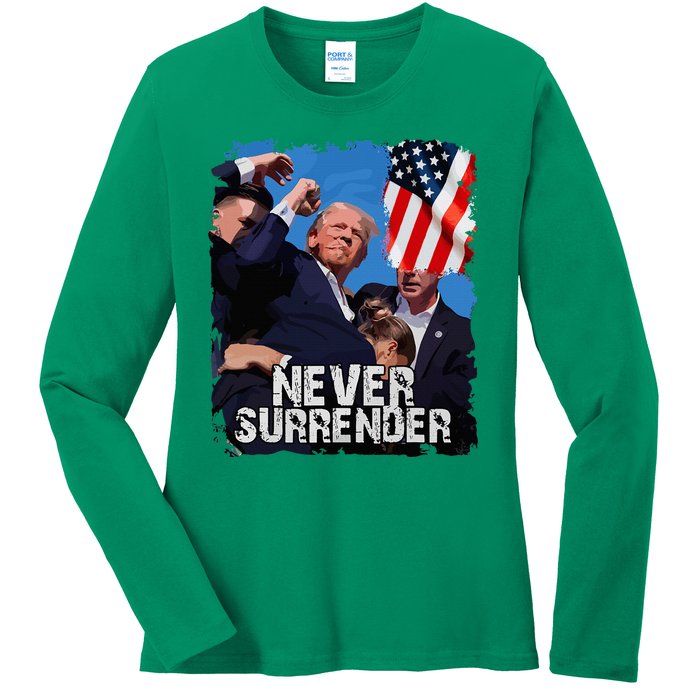 Never Surrender Trump Rushed Offstage With Blood Shooting Ladies Long Sleeve Shirt