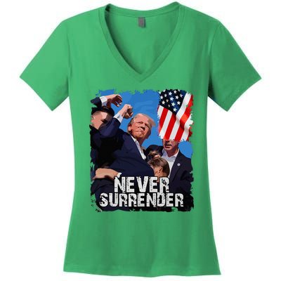 Never Surrender Trump Rushed Offstage With Blood Shooting Women's V-Neck T-Shirt