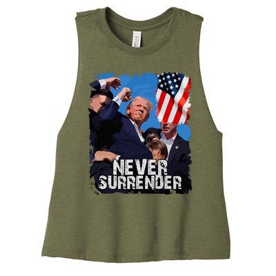 Never Surrender Trump Rushed Offstage With Blood Shooting Women's Racerback Cropped Tank