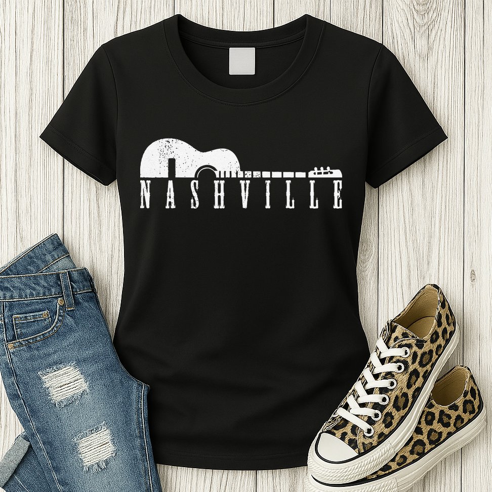 Nashville Skyline Tennessee Country Music Guitar Player Womens T-Shirt