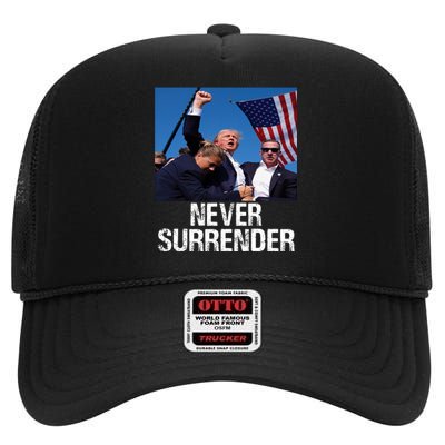 Never Surrender Trump Statement Shooting Pray For Trump High Crown Mesh Back Trucker Hat