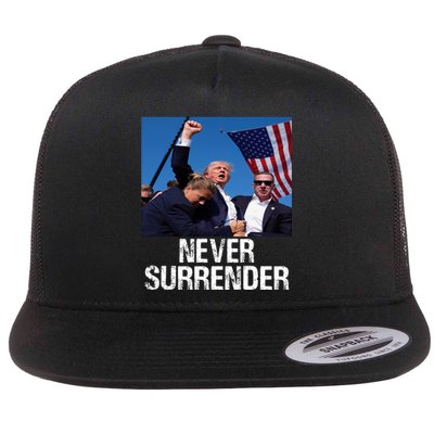 Never Surrender Trump Statement Shooting Pray For Trump Flat Bill Trucker Hat