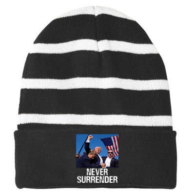 Never Surrender Trump Statement Shooting Pray For Trump Striped Beanie with Solid Band