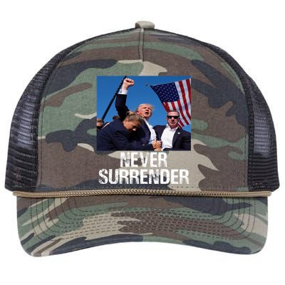 Never Surrender Trump Statement Shooting Pray For Trump Retro Rope Trucker Hat Cap