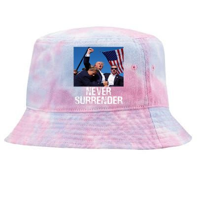 Never Surrender Trump Statement Shooting Pray For Trump Tie-Dyed Bucket Hat