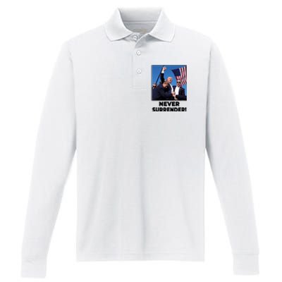 Never Surrender Trump Rally Shooting Donald Trump Statement Performance Long Sleeve Polo