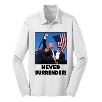 Never Surrender Trump Rally Shooting Donald Trump Statement Silk Touch Performance Long Sleeve Polo