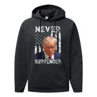 Never Surrender Trump Mug Shot 2024 American Flag Performance Fleece Hoodie