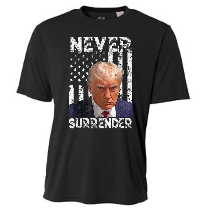 Never Surrender Trump Mug Shot 2024 American Flag Cooling Performance Crew T-Shirt