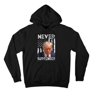 Never Surrender Trump Mug Shot 2024 American Flag Hoodie