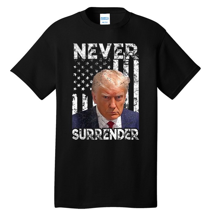 Never Surrender Trump Mug Shot 2024 American Flag Tall T-Shirt