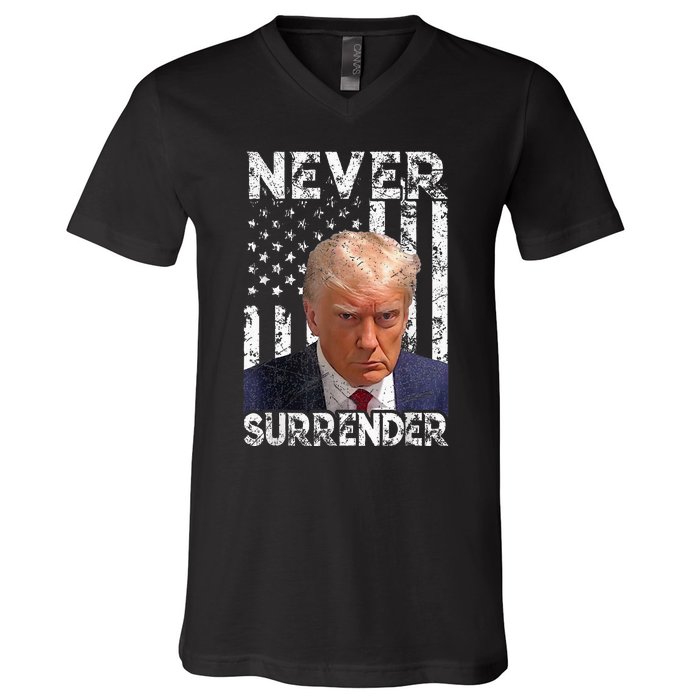 Never Surrender Trump Mug Shot 2024 American Flag V-Neck T-Shirt