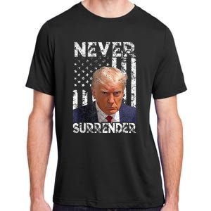 Never Surrender Trump Mug Shot 2024 American Flag Adult ChromaSoft Performance T-Shirt