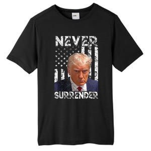 Never Surrender Trump Mug Shot 2024 American Flag Tall Fusion ChromaSoft Performance T-Shirt