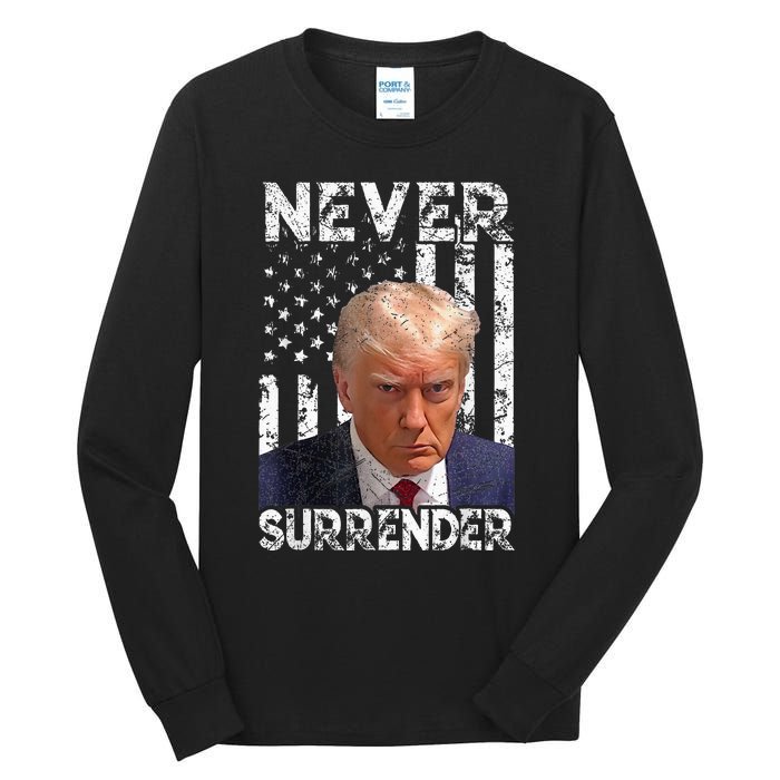 Never Surrender Trump Mug Shot 2024 American Flag Tall Long Sleeve T-Shirt