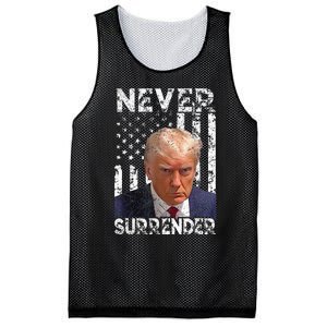 Never Surrender Trump Mug Shot 2024 American Flag Mesh Reversible Basketball Jersey Tank