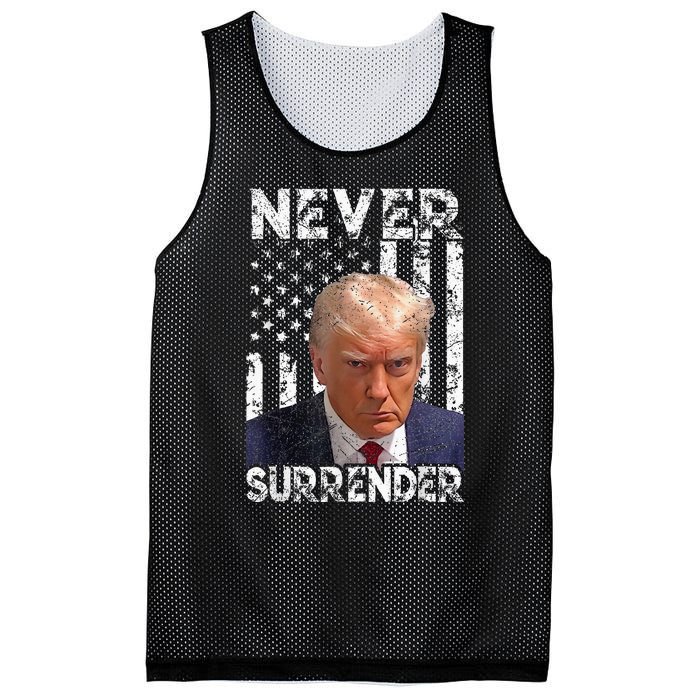 Never Surrender Trump Mug Shot 2024 American Flag Mesh Reversible Basketball Jersey Tank