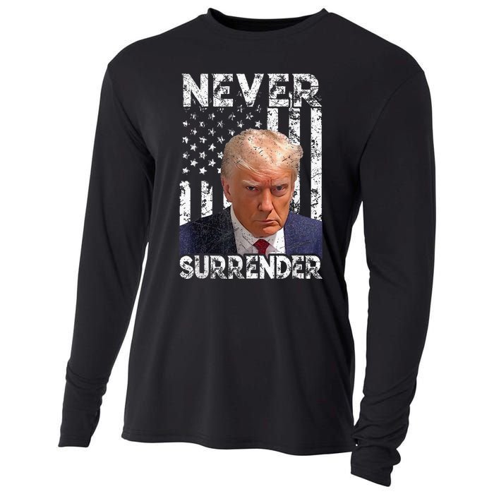 Never Surrender Trump Mug Shot 2024 American Flag Cooling Performance Long Sleeve Crew