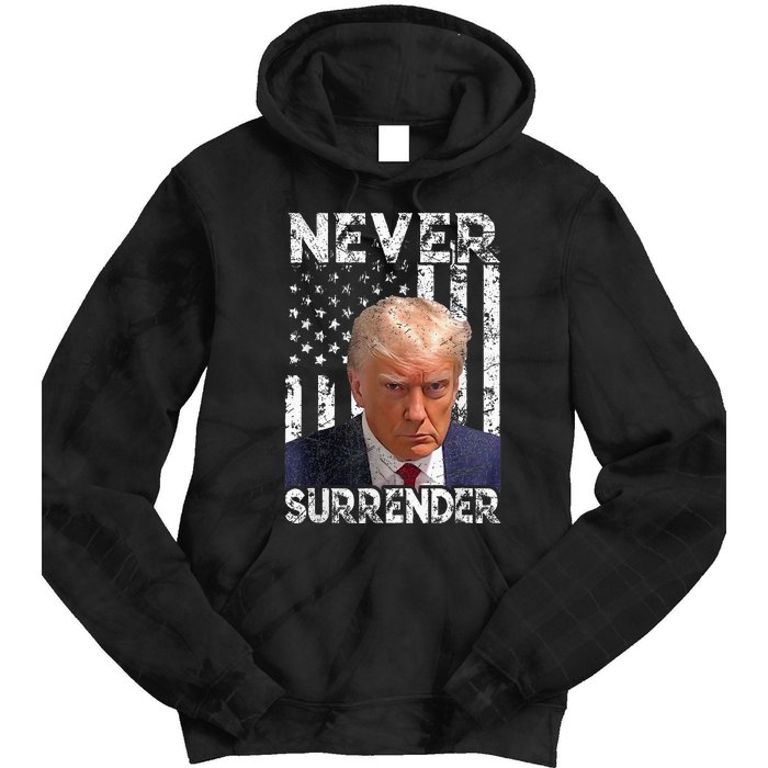 Never Surrender Trump Mug Shot 2024 American Flag Tie Dye Hoodie