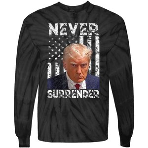 Never Surrender Trump Mug Shot 2024 American Flag Tie-Dye Long Sleeve Shirt