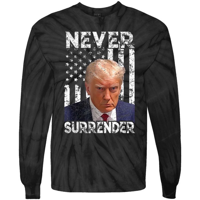 Never Surrender Trump Mug Shot 2024 American Flag Tie-Dye Long Sleeve Shirt