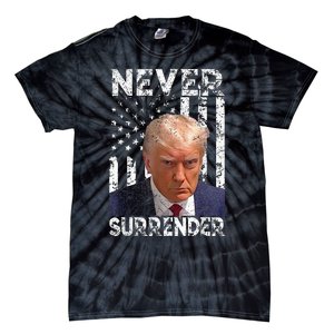 Never Surrender Trump Mug Shot 2024 American Flag Tie-Dye T-Shirt