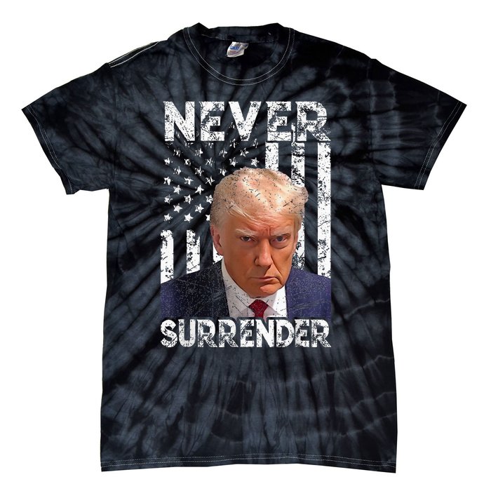 Never Surrender Trump Mug Shot 2024 American Flag Tie-Dye T-Shirt