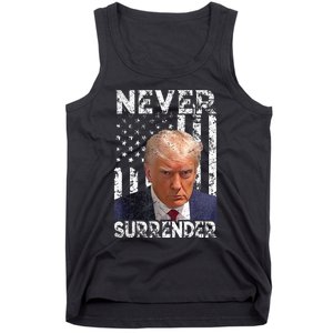 Never Surrender Trump Mug Shot 2024 American Flag Tank Top