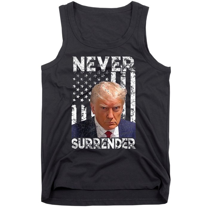 Never Surrender Trump Mug Shot 2024 American Flag Tank Top