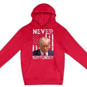 Never Surrender Trump Mug Shot 2024 American Flag Premium Pullover Hoodie