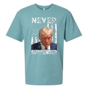 Never Surrender Trump Mug Shot 2024 American Flag Sueded Cloud Jersey T-Shirt