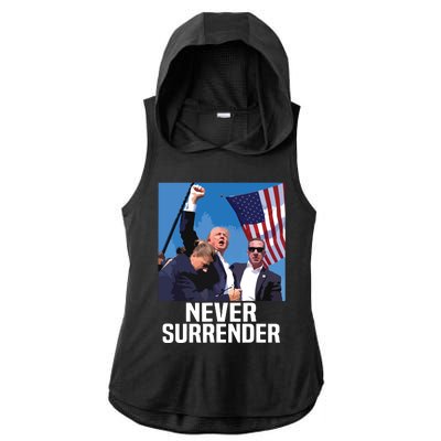 Never Surrender Trump Ladies PosiCharge Tri-Blend Wicking Draft Hoodie Tank