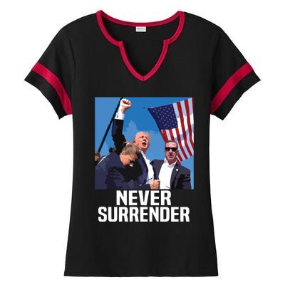 Never Surrender Trump Ladies Halftime Notch Neck Tee