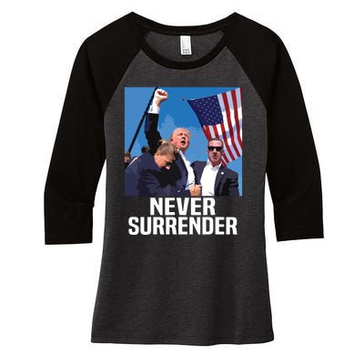 Never Surrender Trump Women's Tri-Blend 3/4-Sleeve Raglan Shirt