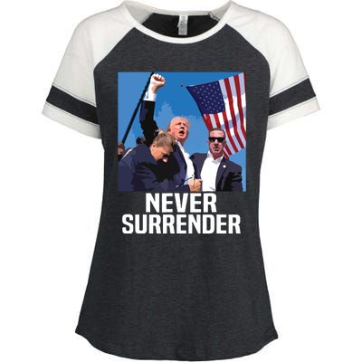 Never Surrender Trump Enza Ladies Jersey Colorblock Tee