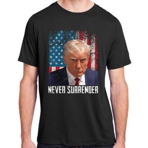 Never Surrender Trump Mug Shot 2024 President American Flag Adult ChromaSoft Performance T-Shirt