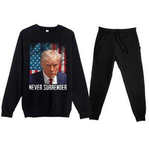 Never Surrender Trump Mug Shot 2024 President American Flag Premium Crewneck Sweatsuit Set