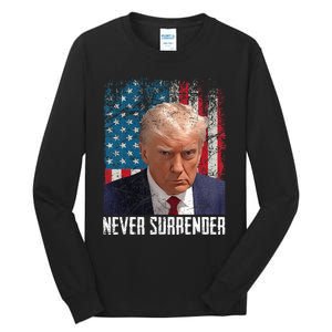 Never Surrender Trump Mug Shot 2024 President American Flag Tall Long Sleeve T-Shirt