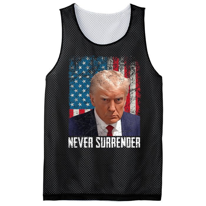 Never Surrender Trump Mug Shot 2024 President American Flag Mesh Reversible Basketball Jersey Tank