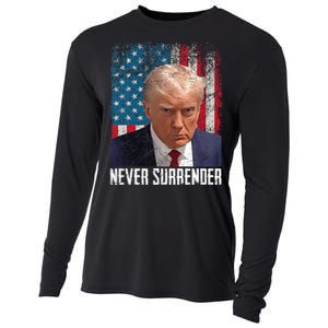 Never Surrender Trump Mug Shot 2024 President American Flag Cooling Performance Long Sleeve Crew