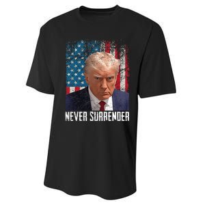 Never Surrender Trump Mug Shot 2024 President American Flag Performance Sprint T-Shirt