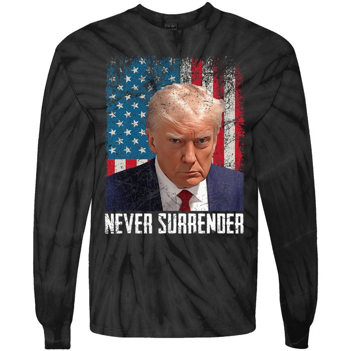 Never Surrender Trump Mug Shot 2024 President American Flag Tie-Dye Long Sleeve Shirt