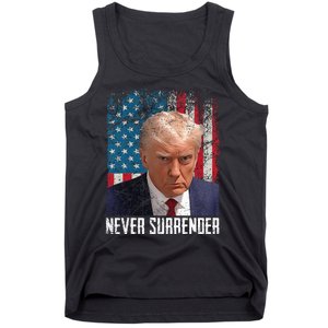 Never Surrender Trump Mug Shot 2024 President American Flag Tank Top