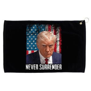 Never Surrender Trump Mug Shot 2024 President American Flag Grommeted Golf Towel