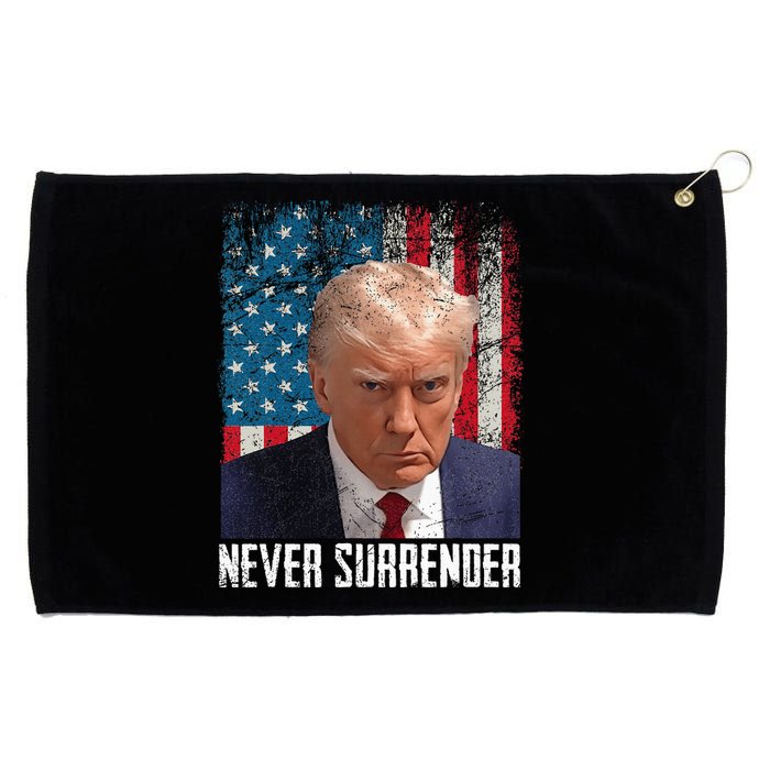 Never Surrender Trump Mug Shot 2024 President American Flag Grommeted Golf Towel